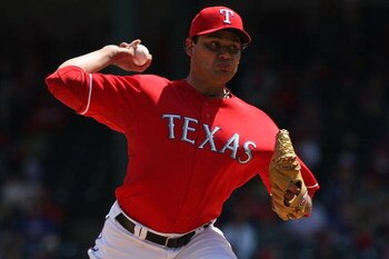 ARLINGTON, TX - APRIL 19:  Pitcher Vicente Padilla #44 of the Texas Rangers on April 19, 2009 at Rangers Ballpark in Arlington, Texas.  (Photo by Ronald Martinez/Getty Images)