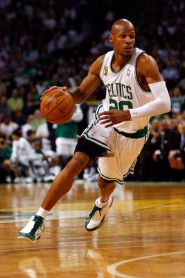 BOSTON - JUNE 17:  Ray Allen #20 of the Boston Celtics drives to the basket in Game Six of the 2008 NBA Finals against the Los Angeles Lakers on June 17, 2008 at TD Banknorth Garden in Boston, Massachusetts. The Celtics defeated the Lakers 131-92 to win t