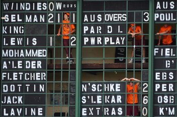 SYDNEY, AUSTRALIA - MARCH 12:  Scoreboard operators watch the action during the ICC Women's World Cup 2009 round two group stage match between Australia and the West Indies at Drummoyne Oval on March 12, 2009 in Sydney, Australia.  (Photo by Cameron Spenc