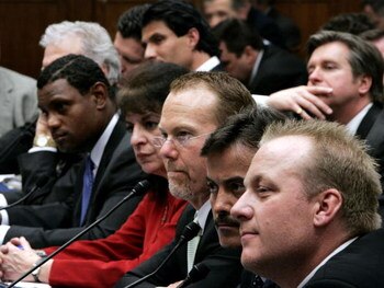 WASHINGTON - MARCH 17:  Former Oakland Athletics and Texas Rangers player Jose Canseco (C, top) listens to testimony March 17, 2005 for a House Committee session that is investigating Major League Baseball efforts to eradicate steroid use in Washington, D