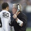 15 Dec 2001:   Chuck Bresnahan defensive coordinator for the Oakland Raiders talks with linebacker Eric Barton #50  during their game at Qualcomm Stadium in San Diego, California.  The Raiders won 13-6. DIGITAL IMAGE   Mandatory Credit:  Stephen Dunn/ALLS