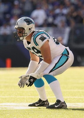 BALTIMORE - OCTOBER 15:  Adam Seward #59 of the Carolina Panthers gets set in his position during the game against the Baltimore Ravens on October 15, 2006 at M & T Bank Stadium in Baltimore, Maryland. (Photo by Nick Laham/Getty Images)