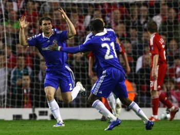 LIVERPOOL, ENGLAND - APRIL 08:  Branislav Ivanovic of Chelsea celebrates after scoring his team's first goal during the UEFA Champions League Quarter Final First Leg match between Liverpool and Chelsea at Anfield on April 8, 2009 in Liverpool, England.  (