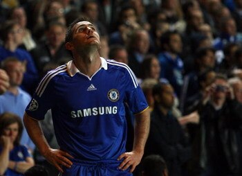 LONDON, ENGLAND - MAY 06:  Frank Lampard of Chelsea reacts during the UEFA Champions League Semi Final Second Leg match between Chelsea and Barcelona at Stamford Bridge on May 6, 2009 in London, England.  (Photo by Clive Rose/Getty Images)