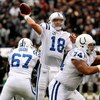 OAKLAND, CA - DECEMBER 16:  Quarterback Peyton Manning #18 of the Indianapolis Colts throws a pass behind the blocks of offensive linemen Charlie Johnson #74 and Tony Ugoh #67 against the Oakland Raiders at McAfee Coliseum December 16, 2007 in Oakland, Ca