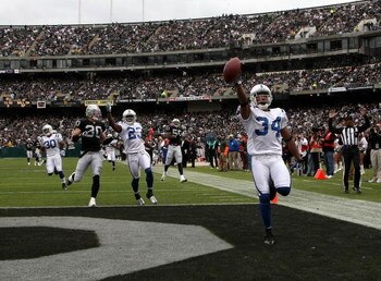 OAKLAND, CA - DECEMBER 16:  Kick returner T.J. Rushing #34 of the Indianapolis Colts celebrates as he scores on a punt return against the Oakland Raiders at McAfee Coliseum December 16, 2007 in Oakland, California. The Colts won 21-14.  (Photo by Stephen 