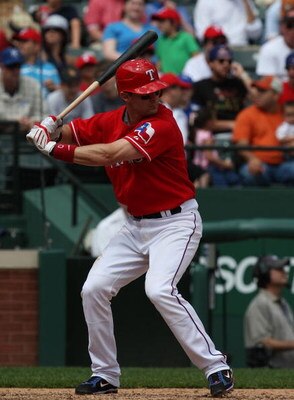 ARLINGTON, TX - APRIL 19:  Third baseman Michael Young #10 of the Texas Rangers at bat on April 19, 2009 at Rangers Ballpark in Arlington, Texas.  (Photo by Ronald Martinez/Getty Images)