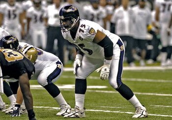 Baltimore Ravens tackle Jonathan Ogden sets to block   during a pre-season game against the New Orleans Saints August 26, 2005 in New Orleans.  (Photo by Al Messerschmidt/Getty Images)