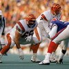 BUFFALO, NY - NOVEMBER 26:  Max Montoya #65 of the Cincinnati Bengals stares down a Buffalo Bills defender during the NFL game at Rich Stadium on November 26, 1989 in Buffalo, New York. The Bills defeated the Bengals 24-7. (Photo by Rick Stewart/Getty Ima