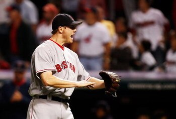 CLEVELAND - OCTOBER 18:  Closing pitcherJonathan Papelbon #58 of the Boston Red Sox celebrates after defeating the Cleveland Indians by a score of 7-1 to take Game Five of the American League Championship Series at Jacobs Field on October 18, 2007 in Clev