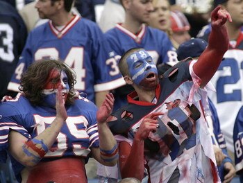 ORCHARD PARK, NY - SEPTEMBER 21:  Buffalo Bills fans cheer prior to the Bills playing the Oakland Raiders on September 21, 2008 at Ralph Wilson Stadium in Orchard Park, New York. Buffalo won 24-23.  (Photo by Rick Stewart/Getty Images)
