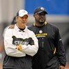 PITTSBURGH - MAY 01:  Head coach Mike Tomlin of the Pittsburgh Steelers watches practice alongside defensive coordinator Dick LeBeau during rookie training camp at the Pittsburgh Steelers Practice Facility on May 1, 2009 in Pittsburgh, Pennsylvania.  (Pho