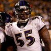 PITTSBURGH - JANUARY 18:  Terrell Suggs #55 of the Baltimore Ravens looks on against the Pittsburgh Steelers during the AFC Championship game on January 18, 2009 at Heinz Field in Pittsburgh, Pennsylvania.  (Photo by Streeter Lecka/Getty Images)
