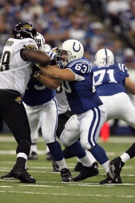 INDIANAPOLIS - SEPTEMBER 24:  Center Jeff Saturday #63 of the Indianapolis Colts blocks during the game against the Jacksonville Jaguars at the RCA Dome September 24, 2006 in Indianapolis, Indiana. The Colts defeated the Jags 21-14.  (Photo by Andy Lyons/