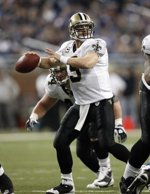 DETROIT - DECEMBER 21: Quarterback Drew Brees #9 of the New Orleans Saints drops back to pass in the third quarter against the Detroit Lions on December 21, 2008 at Ford Field in Detroit, Michigan. The Saints defeated the Lions 42-7.  (Photo by Leon Halip