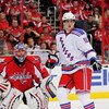 WASHINGTON - APRIL 15:  Nik Antropov #80 of the New York Rangers sets up a second period goal against Jose Theodore #60 of the Washington Capitals during Game One of the Eastern Conference Quarterfinals of the 2009 NHL Stanley Cup Playoffs on April 15, 20