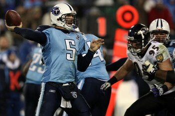 NASHVILLE, TN - JANUARY 10:  Quarterback Kerry Collins #5 of the Tennessee Titans throws the ball against the Baltimore Ravens during the AFC Divisional Playoff Game on January 10, 2009 at LP Field in Nashville, Tennessee.  (Photo by Jonathan Daniel/Getty