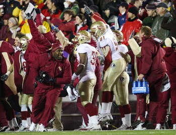 CHESTNUT HILL, MA - NOVEMBER 03:  The  Florida State Seminoles bench celebrates teammate Geno Hayes' interception and touchdown in the fourth quarter against the Boston College Eagles on November 3, 2007 at Alumni Stadium in in Chestnut Hill, Massachusett