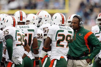 DURHAM, NC - OCTOBER 18:  Head coach Randy Shannon of the Miami Hurricanes talk to his players during the game against the Duke Blue Devils at Wallace Wade Stadium on October 18, 2008 in Durham, North Carolina.  (Photo by Kevin C. Cox/Getty Images)