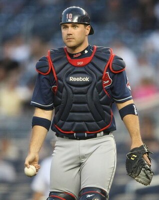 NEW YORK - APRIL 18:  Kelly Shoppach #10  of the Cleveland Indians in the field against the New York Yankees at Yankee Stadium on April 18, 2009 in the Bronx borough of New York City.  (Photo by Nick Laham/Getty Images)