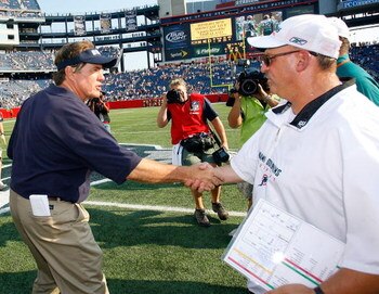 FOXBORO, MA - SEPTEMBER 21: Coach Bill Belichick of the New england Patriots shakes hands with coach Tony Sparano of the Miami Dolphins after a 38-13 Dolphin win at Gillette Stadium on September 21, 2008 in Foxboro, Massachusetts. (Photo by Jim Rogash/Get