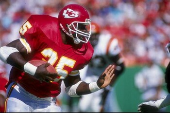 Running back Christian Okoye of the Kansas City Chiefs in action against the Cincinnati Bengals during a game at Arrowhead Stadium in Kansas City, Missouri. The Bengals defeated the Chiefs 21-17.