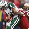 SAN FRANCISCO - DECEMBER 07:  Brett Favre #4 of the New York Jets  is sacked by Parys Haralson #98 of the San Francisco 49ers in the fourth quarter during an NFL game on December 7, 2008 at Candlestick Park in San Francisco, California.  (Photo by Jed Jac
