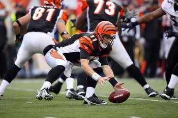 CINCINNATI - NOVEMBER 30:  Quarterback Ryan Fitzpatrick #11 of the Cincinnati Bengals looks to recover a fumbled ball during their NFL game against the Baltimore Ravens on November 30, 2008 at Paul Brown Stadium in Cincinnati, Ohio. The Ravens defeated th