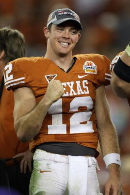 GLENDALE, AZ - JANUARY 05:  Quarterback Colt McCoy #12 of the Texas Longhorns celebrates after defeating the Ohio State Buckeyes in the Tostitos Fiesta Bowl Game on January 5, 2009 at University of Phoenix Stadium in Glendale, Arizona. The Longhorns defea