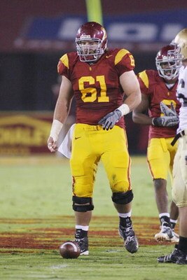 LOS ANGELES - NOVEMBER 29:  Kristofer O'Dowd #61 of the USC Trojans walks to the line of scrimmage against the Notre Dame Fighting Irish on November 29, 2008 at the Los Angeles Memorial Coliseum in Los Angeles, California.  USC won 38-3.  (Photo by Jeff G