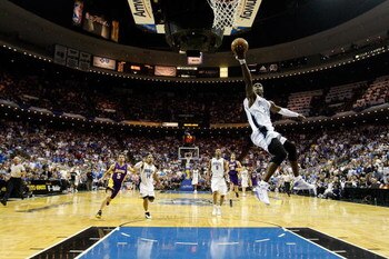 ORLANDO, FL - JUNE 11:  Mickael Pietrus #20 of the Orlando Magic lays the ball up in Game Four of the 2009 NBA Finals against the Los Angeles Lakers on June 11, 2009 at Amway Arena in Orlando, Florida.  NOTE TO USER:  User expressly acknowledges and agree