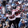 SAN DIEGO - NOVEMBER 30: Wide receiver Harry Douglas #83 and running back Jerious Norwood #32 of the Atlanta Falcons celebrate Douglas' fourth quarter touchdown reception against the San Diego Chargers on November 30, 2008 at Qualcomm Stadium in San Diego
