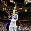ORLANDO, FL - JUNE 11:  Lamar Odom #7 of the Los Angeles Lakers puts a shot up against Marcin Gortat #13 of the Orlando Magic in Game Four of the 2009 NBA Finals on June 11, 2009 at Amway Arena in Orlando, Florida.  NOTE TO USER:  User expressly acknowled