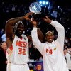 PHOENIX - FEBRUARY 15:  Co-MVPs Shaquille O'Neal #32 and Kobe Bryant #24 of the Western Conference hold up the trophy after the Western Conference defeated the Eastern Conference in the 58th NBA All-Star Game, part of 2009 NBA All-Star Weekend at US Airwa