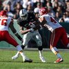 OAKLAND, CA - NOVEMBER 30: Darren McFadden #20 of the Oakland Raiders runs against Derrick Johnson #56 and Jarrad Page #44 of the Kansas City Chiefs during an NFL game on November 30, 2008 at the Oakland-Alameda County Coliseum in Oakland, California. (Ph
