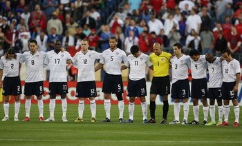 NASHVILLE - APRIL 01: Memebers of the U.S. National Team (L-R) Frankie Hejduk #2, Clint Dempsey #8, Jozy Altidore #17, Michael Bradley #12, Oguchi Onyewu #5, Brian Ching #11, Tim Howard #1, Carlos Bocanegra #3, Pablo Mastroeni #4, DaMarcus Beasley #7 and 
