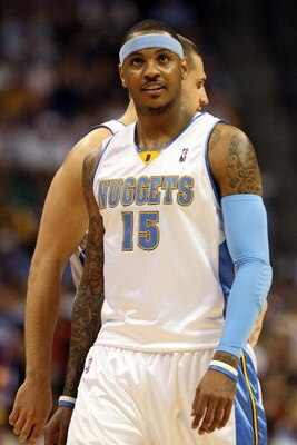 DENVER - MAY 29:  Carmelo Anthony #15 of the Denver Nuggets looks on in Game Six of the Western Conference Finals during the 2009 NBA Playoffs against the Los Angeles Lakers at Pepsi Center on May 29, 2009 in Denver, Colorado. NOTE TO USER: User expressly