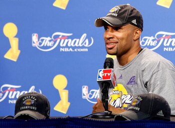ORLANDO, FL - JUNE 14:  Derek Fisher #2 of the Los Angeles Lakers smiles during the post game news conference after the Lakers defeated the Orlando Magic 99-86 to win the NBA Championship in Game Five of the 2009 NBA Finals on June 14, 2009 at Amway Arena