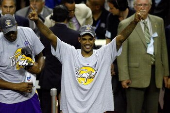 ORLANDO, FL - JUNE 14:  Trevor Ariza #3 of the Los Angeles Lakers celebrates after defeating the Orlando Magic 99-86 in Game Five of the 2009 NBA Finals on June 14, 2009 at Amway Arena in Orlando, Florida.  NOTE TO USER:  User expressly acknowledges and a