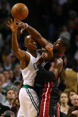 BOSTON - NOVEMBER 16:  Dwyane Wade #3 of the Miami Heat fouls Ray Allen #20 of the Boston Celtics on November 16, 2007 at the TD Banknorth Garden in Boston, Massachusetts. NOTE TO USER: User expressly acknowledges and agrees that, by downloading and or us