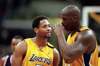 27 Feb 2000:  Robert Horry #5 and Shaquille O''Neal #34 of the Los Angeles Lakers talk on the court during the game against the New Jersey Nets at Staples Center in Los Angeles, California. The Lakers defeated the Rockets 101-85.   Mandatory Credit: Jeff 