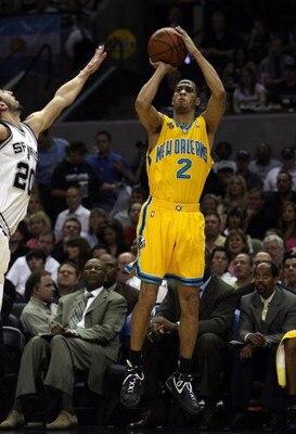 SAN ANTONIO - MAY 15:  Guard Jannero Pargo #2 of the New Orleans Hornets takes a shot against Manu Ginobili #20 of the San Antonio Spurs in Game Six of the Western Conference Semifinals during the 2008 NBA Playoffs at the AT&T Center on May 15, 2008 in Sa