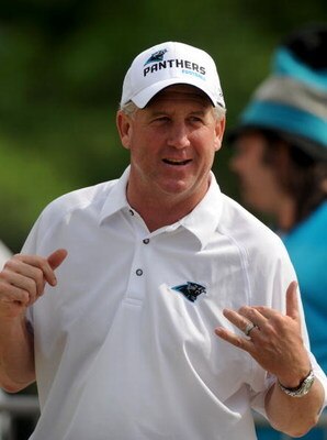 CHARLOTTE,NC- MAY 1: Head Coach John Fox (R) smiles as he talks to some fans after the minicamp practice at the team's practice facility on May 1, 2009 in Charlotte, North Carolina. (Photo by Steve Dykes/Getty Images)