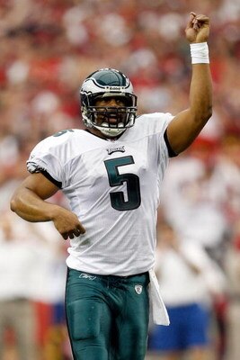 GLENDALE, AZ - JANUARY 18:  Quarterback Donovan McNabb #5 of the Philadelphia Eagles reacts during the NFC championship game against the Arizona Cardinals on January 18, 2009 at University of Phoenix Stadium in Glendale, Arizona.  (Photo by Jamie Squire/G