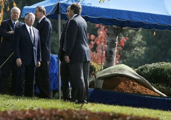 FALLS CHURCH, VA - OCTOBER 31:  NBA Commissioner David Stern (2nd L) stands with mourners near the tent covering Red Auerbach's grave after his funeral at King David Memorial Cemetery October 31, 2006 in Falls Church, Virginia. Auerbach, who led the Bosto