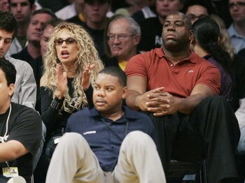 LOS ANGELES -APRIL 29:  Actress Dyan Cannon (L) and former Laker player Magic Johnson attend Game 4 of the Los Angles Lakers-Phoenix Suns NBA playoff game on Aprinl 29, 2007 at Staples Center in Los Angeles, California. (Photo by Vince Bucci/Getty Images)
