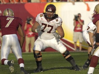 JACKSONVILLE, FL - DECEMBER 1: Tackle Ed Wang #77 of the Virginia Tech Hokies sets to block against the Boston College Eagles in the ACC Championship Game at Jacksonville Municipal Stadium on December 1, 2007 in Jacksonville, Florida.  The Hokies won the 