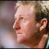 DENVER - 1990:  Boston Celtics forward Larry Bird #33 looks on from the bench during game against the Denver Nuggets at McNichols Arena in Denver, Colorado. (Photo by Allsport  /Allsport