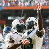 MIAMI - NOVEMBER 09:  Running back Ronnie Brown #23 and Ricky Williams #34 of the Miami Dolphins celebrate after Brown's touchdown run in the fourth quarter against the Seattle Seahawks at Dolphin Stadium on November 9, 2008 in Miami, Florida. The Dolphin