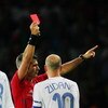BERLIN - JULY 9:  Zinedine Zidane of France is shown a red card by Referee Horacio Elizondo of Argentina during the FIFA World Cup Germany 2006 Final match between Italy and France at the Olympic Stadium on July 9, 2006 in Berlin, Germany.  (Photo by Alex